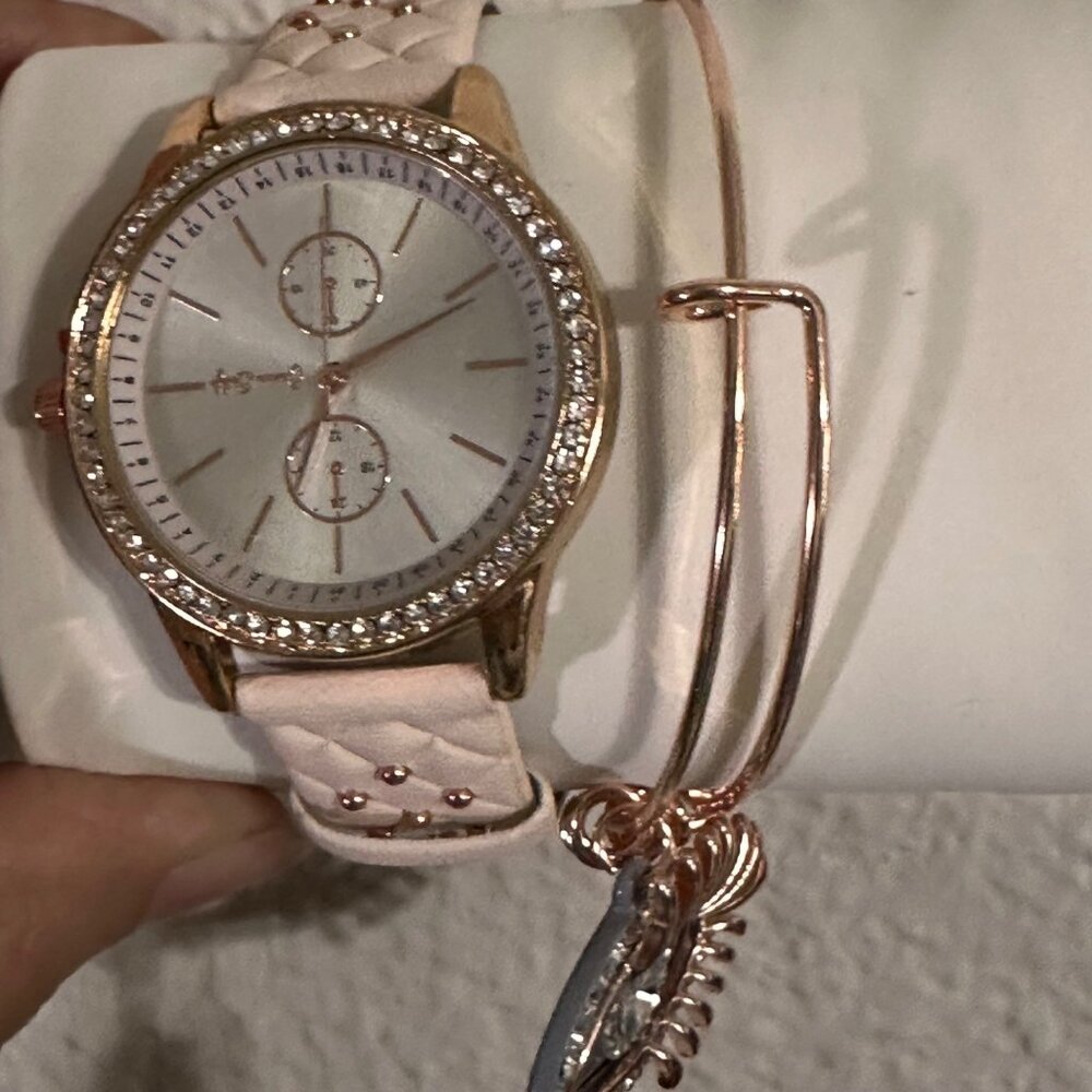 Jessica Carlyle Gold-Tone Crystal Studded Strap Analog Watch & Bracelets
